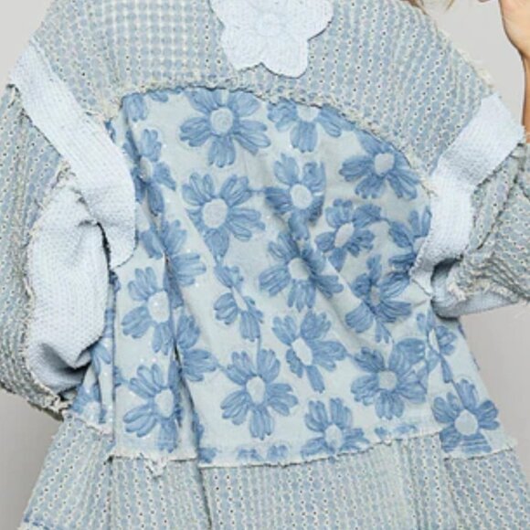 POL Textured Flower and Knit Jacket in Denim NWOT LG - Picture 4 of 7